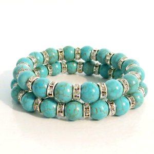 Blue Turquoise White Crystals Beaded Stretch Cord Couples Matching Bracelet